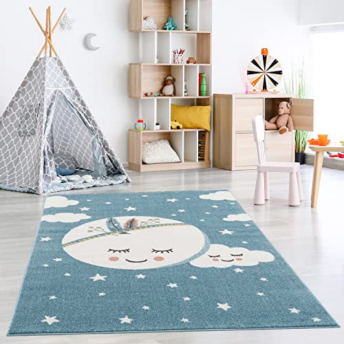 payé Teppich Kinderzimmer - Blau - 140x200cm- Mond Wolke Sterne - Himmel- Kurzflor Kinderteppich - Jungen und Mädchen - Spielteppich - Oeko-Tex Standard 100