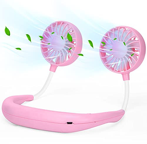 Ventilateur de sport portable à suspendre au cou, mains libres, rechargeable par USB, 3 vitesses, 2000 mAh, rotation libre à 360 degrés, convient pour l'extérieur, le bureau et la cuisine (rose)