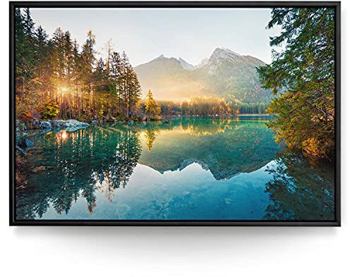 BilderKing Wandbild Wasserfall Hintersee Bayern - 120cm x 80cm Leinwand auf 2cm Keilrahmen mit Schattenfugenrahmen schwarz
