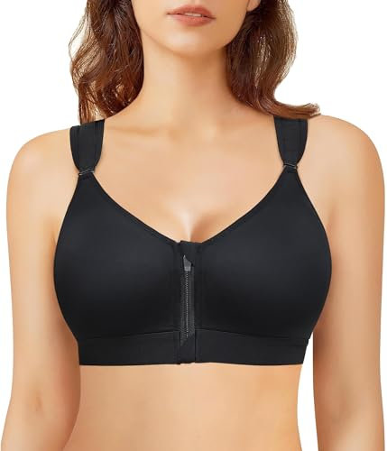 Bafully Damen Postoperativer Halt Sport BH Vorderverschluss Racerback Abnehmbar Gepolsterter BH(Schwarz, XXL)
