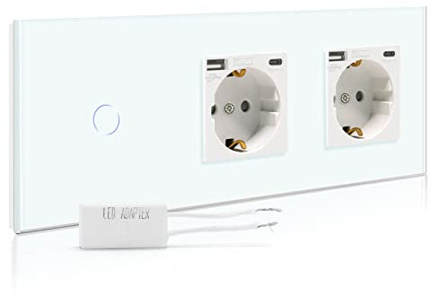 BSEED Dimmer Schalter mit Doppel USB Steckdose Anschluss (Max. 2.1A) Typ C Port 1 Fach 2 Wege Led Dimmer Schalter mit Touchscreen Wandsteckdosen mit USB Steckdose Touch Lichtschalter Weiß