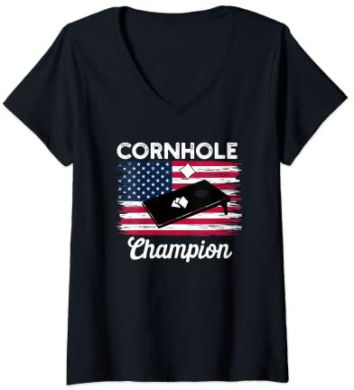 Damen Cornhole-Trophy Champion Lustiger Sitzsack Cornhole Spielerflagge T-Shirt mit V-Ausschnitt