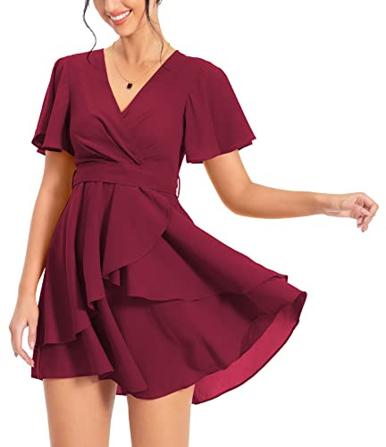 PCEAIIH Women's Cocktail Dresses Short Sleeve Empire Skater Dress Deep V-Neck Waist Tie Ruffle Mini Swing Dresses S Wine Red