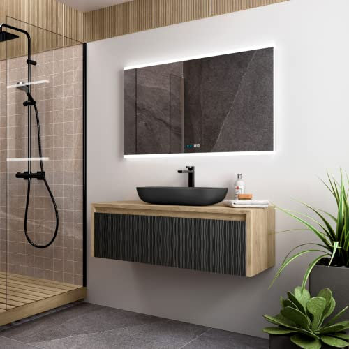 Mueble de Baño Suspendido Lambda con Lavabo SobrePoner Masai | Mueble Baño Volado de 1 Cajón con Cierre Amortiguado | Guías Grass | Negro | 120cm