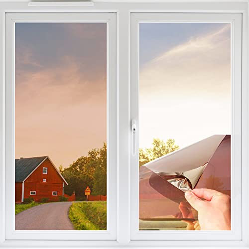 Fensterfolie von innen Durchsichtig von aussen Blickdicht,Sonnenschutzfolie Fenster innen UV-Schutz Reflektierende,Spiegelfolie Selbstklebend für Büros und Wohnungen (Tee Silber, 90 x 400cm)