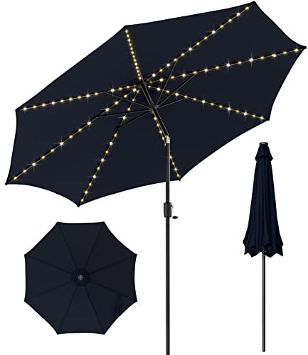 COSTWAY 3m Garden Parasol, 112 Solar Powered LED Lights Patio Umbrella with Tilt, Crank Handle & Vented Top, 8 Ribs UV Protective Outdoor Table Sun Shade for Market Yard Pool (Navy Blue)