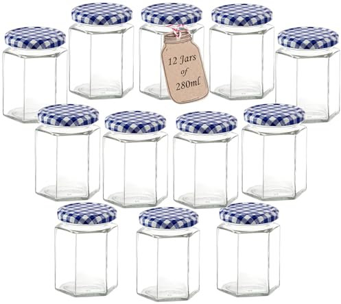 Offer Shop Jam Glass Jars with Blue Gingham Lid & Labels - 280ml / 9oz Hexagonal Storage Glass Jars for Kitchen | Clear Airtight Jar for Spices Baby Food Storage or Sweets | Set of 12