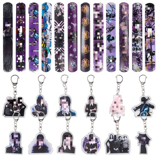 Wednesday Party Mitgebsel Kindergeburtstag, 12 Stück Schnapparmband Kinder + 12 Stück Gastgeschenk Schlüsselringe Anhänger, Slap Armband, Wednesday Kinder Mitgebsel, Kindergeburtstag Mitgebsel Set