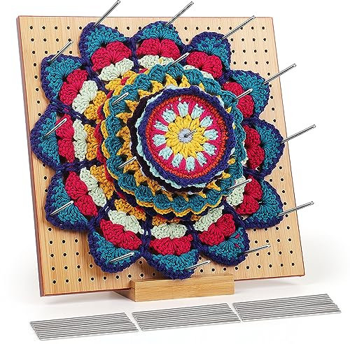 Aeeque Große Sperrbrett für Granny Square, Granny Square Spanner Sperrbrett Häkeln, Bambus Blocking Board Häkeln, Multifunktional Blockierbrett mit 30 pcs Edelstahl-Stabstiften (29 cm x 29cm)