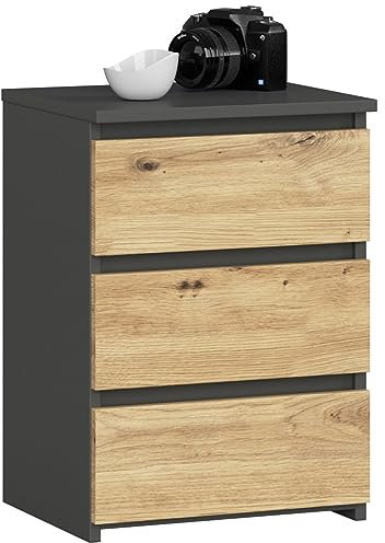 3E 3xE living.com Kommode, Sideboard mit 3 Schubladen (B:40cm x H:57cm x T:35cm) in Graphit Grau & Artisan Eiche