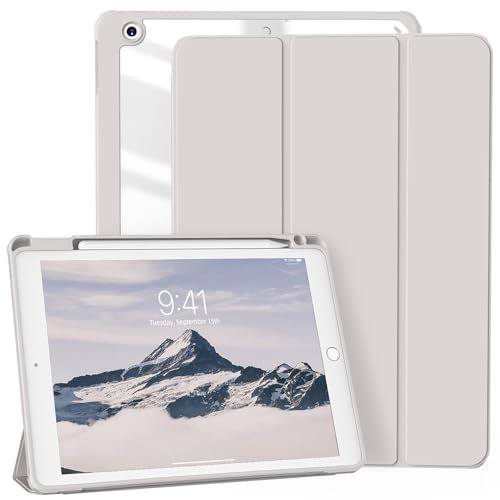 ZKTUYU Hülle für iPad 9. Generation 2021/iPad 8. Generation 2020/iPad 7. Generation 2019, Smart Folio Hülle mit Stifthalter für iPad 10,2 Zoll, Transparente Rückseite, Auto Schlafen/Wachen, Grau