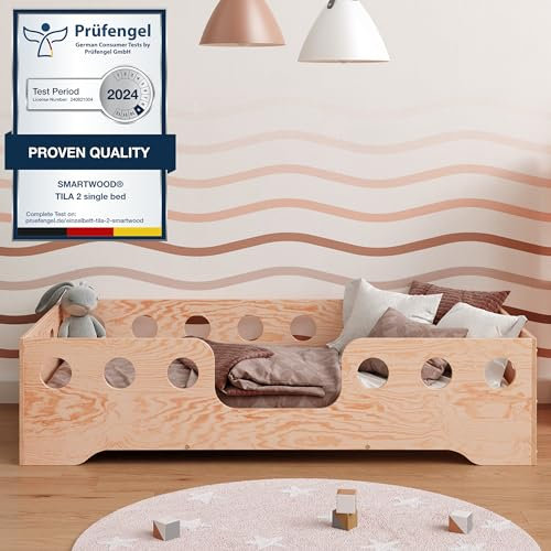 smartwood Kinder Bodenbett 80x180 cm – Kinderbett aus umweltfreundlichem Holz mit Rausfallschutz – Montessori Bett mit wählbarem Einstieg – Max. Belastung 230 kg – TILA 4