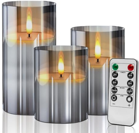 Gray Glass Flameless Battery Candles Flickering with Remote,Timer, Wicking Operated Realistic Real Wax Warm Light LED Candle, for Party Wedding Festival Tabletop Decoration, Set of 3