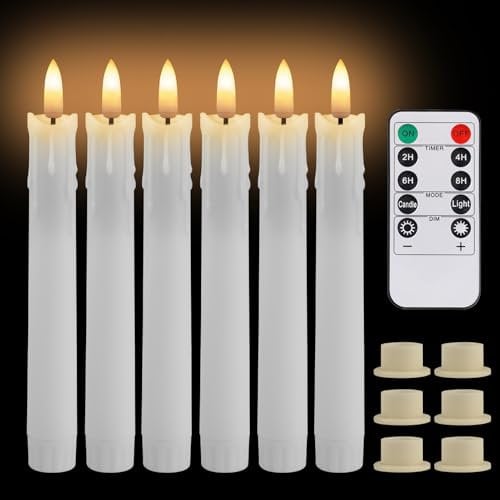 MI CASA Drip Wax Flameless Flickering Taper Candles with Remote Control, Timer, Dimmer, 3D Wick Light Window Candles Battery Operated Pack of 6, Christmas Home Wedding Decor (0.78 X 6.69 Inch)
