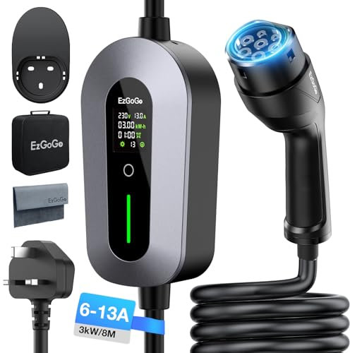 EzGoGo EV Charger Cable Type 2 to 3 Pin Plug 26.25Ft/8M Electric Car Charger 3kW, [6/8/10/13A] Type 2 Charging Cable 3 Pin EV Charger IP65 Advanced Protection Suitable for EVs & PHEVs