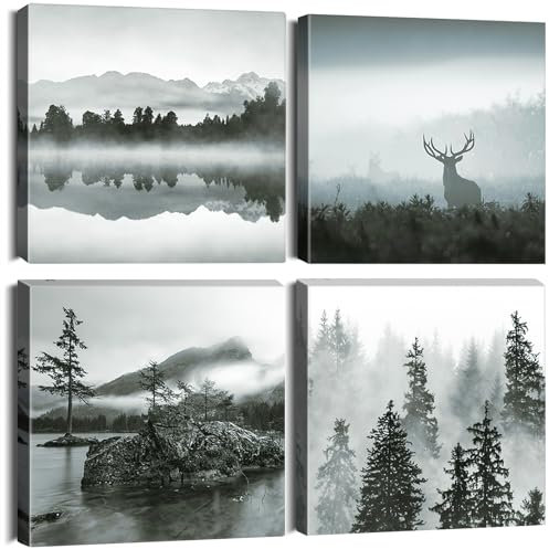 Artscope 4 Teilig Leinwandbilder mit Wald und Nebel Motiv Kunstdruck - Moderne Wandbild für Badezimmer Wohnzimmer Wanddekoration - 30 x 30 cm