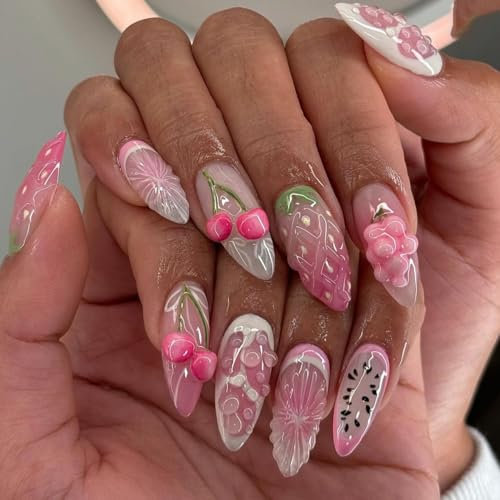 SXVME Pink 3D Handmade False Nails Medium Short Almond, Cute Acrylic Press on Nails with Y2k Sculpting Flowers Fruit Desgin Fake Nails Press ons Glue on Nails For Women 24 Pcs