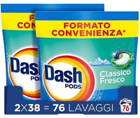 Dash Pods Detersivo Lavatrice In Capsule, 76 Lavaggi (2x38), Classico Fresco, Rimuove Le Macchie, Efficace A Freddo Anche E In Cicli Brevi