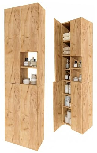 CraftPAK Badschrank Hochschrank schmal stehend | Badezimmer Regal mit Stauraum | platzsparender Badezimmerschrank | Standregal Bad