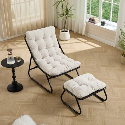 Ball & Cast Outdoor Lounge Sessel, Relaxsessel mit Hocker und Cushion für Garten, Balkon, Wohnzimmer & Schlafzimmer, Weiß