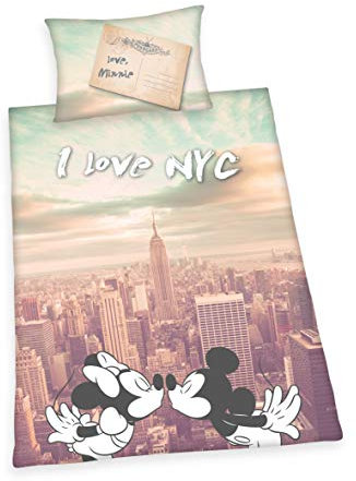 Herding DISNEY MICKEY & MINNIE IN NEW YORK Bettwäsche-Set, Wendemotiv, Bettbezug 135 x 200 cm, Kopfkissenbezug 80 x 80 cm, Baumwolle/Renforcé