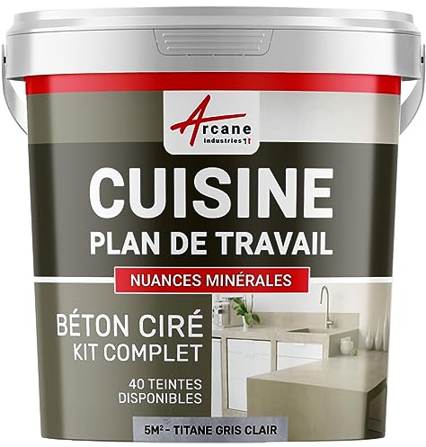 Beton Cire Küche: Arbeitsplatte, Spritzschutz - NUANCES MINERALES Titan Hellgrau - 5 m² (in 2 schichten) | Fleckenschutz, hitze- und wasserbeständig, haftet auf allen Untergründen, offene Zeit bis zu 4 Stunden. Arcane Industries
