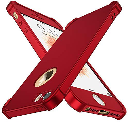ORETECH Coque Compatible avec iPhone Se 2016 5 5S, avec 2 x Protecteur D'écran en Verre Trempé Housse Hybride Robuste 2 en 1 Antichoc Mince AntiRayures Dur PC TPU Etui pour iPhone Se 2016 Rouge