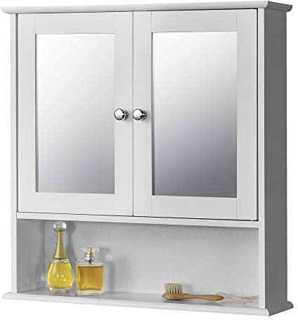 [en.casa] Badezimmerschrank 58x56x13cm mit Spiegel Badschrank Wandschrank Schrank Weiß MDF