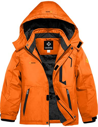 GEMYSE Veste de Ski Enfant Garçon Blouson Hiver Chaud avec Capuche Imperméable Coupe-Vent et Doublure Polaire(Orange,140-146)