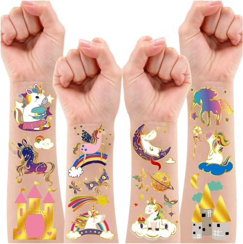 Leesgel Glitter Unicorno Tatuaggi Bambina, 12 Fogli Tatuaggi per Bambini Stickers Bambini, Unicorno Bambina Festa Pignatta Gadget Compleanno Bambina Unicorno Giocattolo Giochi