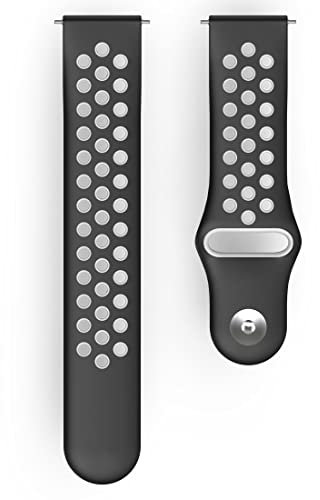 Hama Fitbit Uhrenarmband 22 mm (verstellbares Ersatzarmband f. Smartwatch Fitbit Versa 2, Versa, Versa Lite, Sportarmband atmungsaktiv zum Tauschen, Silikon Wechselarmband, Edelstahl Knopf) schw./grau
