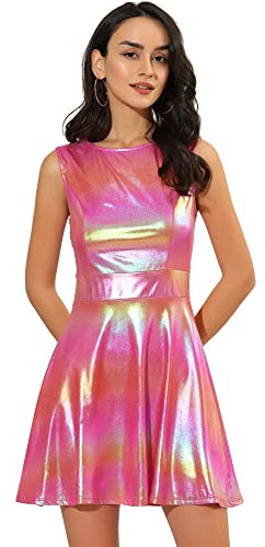 Allegra K Robe évasée holographique sans manches à col rond pour femme, rose vif, 48