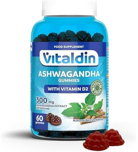VITALDIN Ashwagandha Gummies – 300 mg estratto di Radice di Ashwagandha KSM-66 e 1000 UI Vitamina D2 – 60 Caramelle Gommose, gusto Frutti Rossi – Adattogeno Anti stress, Calma e Relax