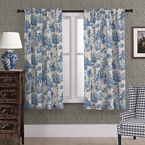Blaue Vorhänge, 160 cm Länge, für Wohnzimmer, 2 Paneele, lichtfilternd, Privatsphäre, durchscheinend, florales Toile-Muster, gemustert, Chintz-Baumwolle, Verdunkelungsvorhänge, Schlafzimmer, 160 cm