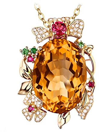 Gold Ketten Damen 585, Hohle Blume mit Ovalem Citrin 15ct aus 14 Karat (585) Gelbgold mit 45+5cm Verlängerungs-Rollenkette, Geschenk für Freundin