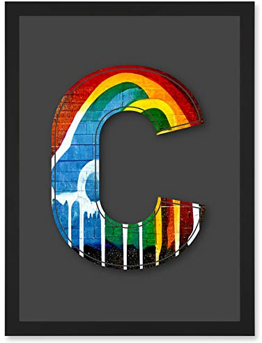 Wee Blue Coo Letter C Rainbow Red Yellow Blue Green Decorative Graffiti Mural Alphabet Initial Stencil Artwork Framed Wall Art Print A4
