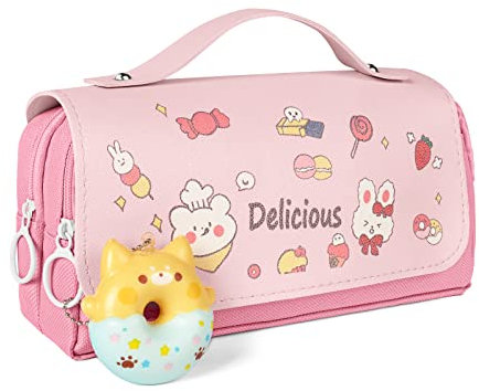 Vicloon Trousse à Crayons de Grande, Trousse Scolaire avec Poignée Imperméable, Sac à Crayons école Trousses avec Jouet de décompression pour Collège Bureau étudiants Fille Garçon Adolescent(Rose)