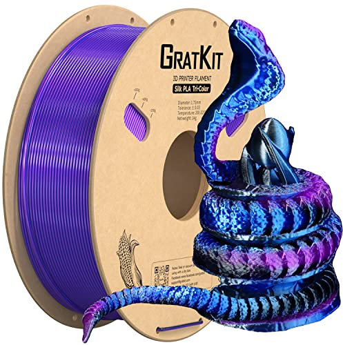 Gratkit Silk Tri-Color PLA Filament，3D Printer Filament 1.75mm, -0.03mm, 1KG/Roll, Silk PLA Blue/Black/Purple
