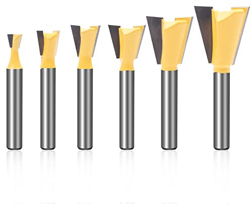 KOWOOD Dovetail Router Bit Set 6 Sizes with 1/4 Inch Shank ,Cutting Dia in 1/4 3/8 1/2 5/8 3/4 7/8 Wood Milling Cutter Tool for Making Boxes Drawers Chests,Great for Craftsman Woodworking