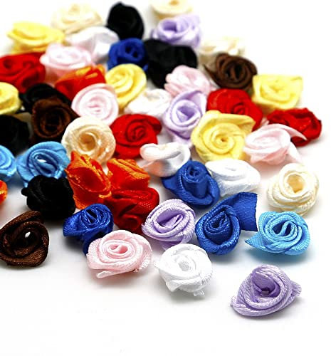 100 Stück Rosen 1.5cm kleine Kunstblumen Rosenköpfe Satinrosen Aufnäher Blumen Applikationen zum Basteln Patches Deko-Rosen Mini-Stoffrosen DIY Accessories Party Hause Hochzeit Dekoration,Bunt