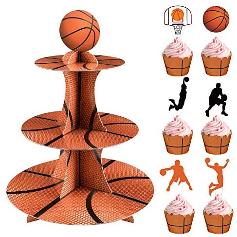 Baseketball Theme 3-Tier Round Cardboard Cupcake Stand Cupcake Toppers Cupcake Wrappers for 24 Cupcakes Perfect for Baseketball Birthday Party Decorations Supplies Sports Party Decorations