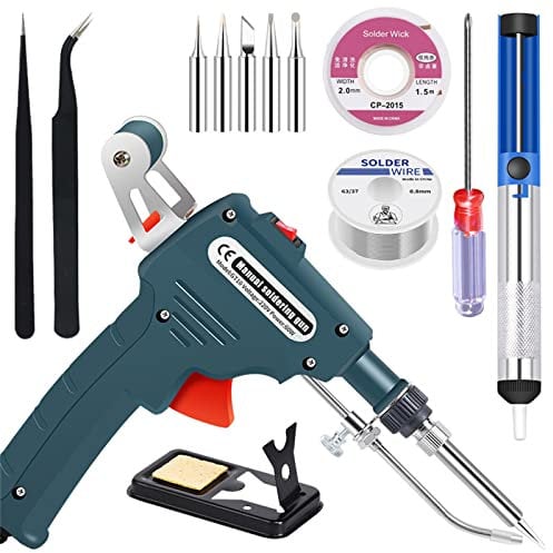 Kit pistola per saldatura elettronica da 60 W con 5 punte per saldatura, pompa dissaldante, pinzette, fili di saldatura, supporto e cacciavite Phillips per elettronica, riparazione, fai da te (Verde)