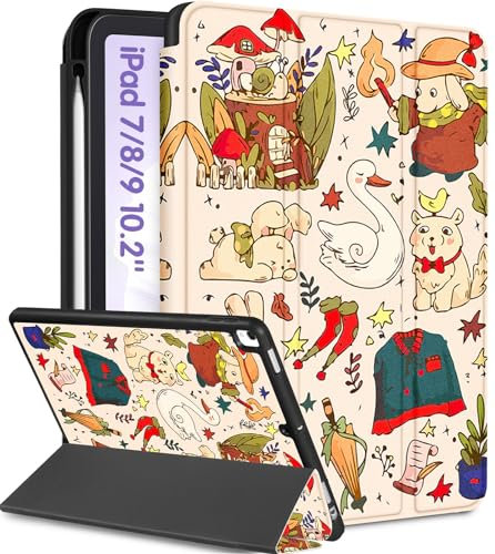 Uppuppy Schutzhülle für iPad der 9., 8. und 7. Generation mit 10,2 Zoll A2602 A2270 A2197, niedliche Folien-Smart-Hülle mit Stifthalter, Cartoon, ästhetisches Design, Kawaii, für Mädchen, Frauen