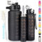 CodiCile Motivational Water Bottle with Straw 3 Pcs, 2L 900ML 300ML Reusable BPA Free Sports Water Bottle, Leakproof Drinks Bottle with Time Markings, Black