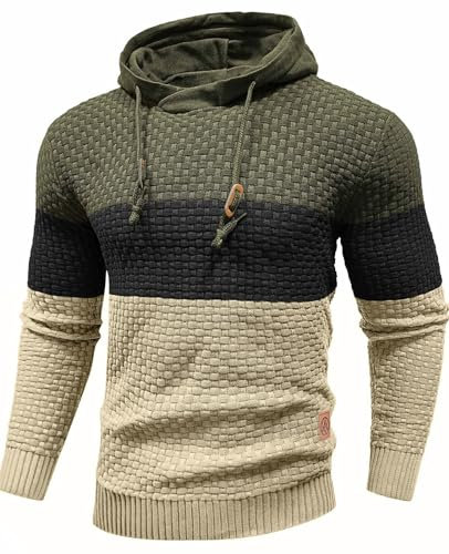 Genfien Pull décontracté à Capuche à Manches Longues pour Homme avec Encolure en Entonnoir à Carreaux en Jacquard,Vert + Noir,XL