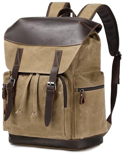 Nerlion - Mochila de cuero para hombre, lona encerada, mochila para laptop, mochila de 17.3 pulgadas, mochila vintage de viaje, Caqui, 30L US, Mochila de cuero para hombre