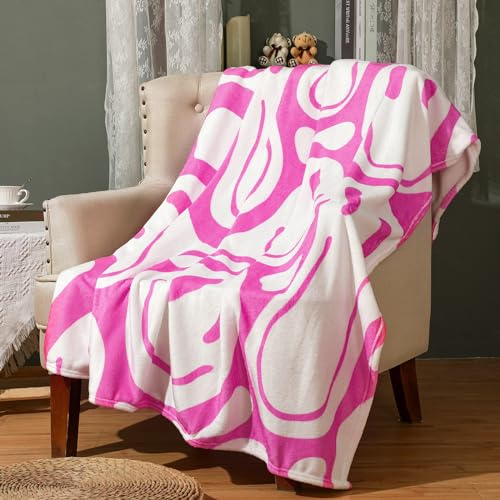 Frienda Adrette Überwurfdecke, rosa lächelndes Gesicht, niedlich, Flanell, weiche Plüschdecke, flauschige rosa Decke, adrette Bettwäsche für Schlafsaal, Wohnzimmer, 127 x 152,4 cm (Hot Pink verzerrtes
