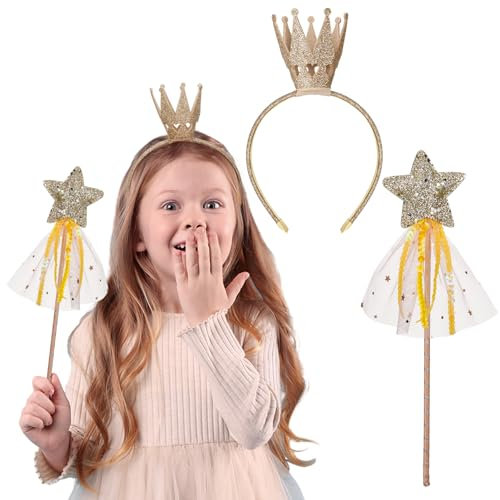 Jostift Krone Haarreifen und Zauberstab Set für kleine Prinzessinnen, Glitzer Prinzessin Krone Tiara mit Fee Stern Zauberstab für Kinder Geburtstag Party Ankleiden Kostüm Requisiten (Gold)