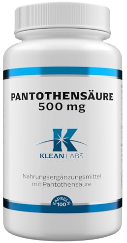 Klean Labs - Pantothensäure (Vitamin B5) 500 mg - 100 Kapseln - vegan, ohne Gentechnik, ohne unerwünschte Zusätze - zur Verringerung von Müdigkeit und Ermüdung