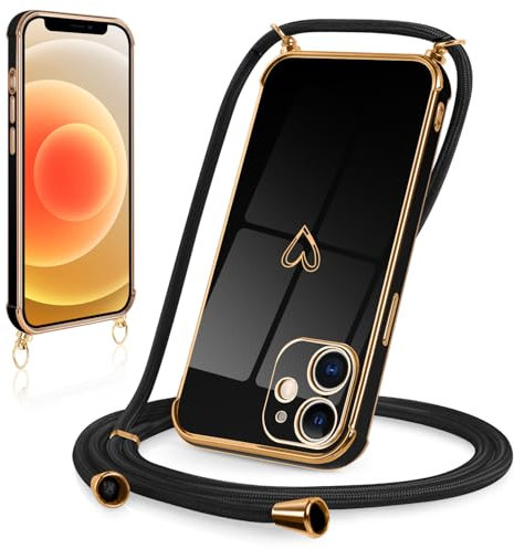 Kokio Handykette Hülle für iPhone 12 Mini Handyhülle mit Band, Ultra Dünn Herz Love Design Galvanik Silikon Schutzhülle mit Kette Kordel zum Umhängen für iPhone 12 Mini, Schwarz